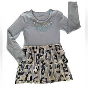 Justice Y2K Sequin Leopard Shirt Long Sleeves Scoop Neck Ruffles Blue Girls 12